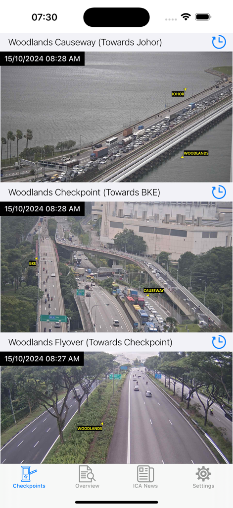 Live traffic camera feeds showing traffic conditions at Woodlands Causeway and Woodlands Checkpoint