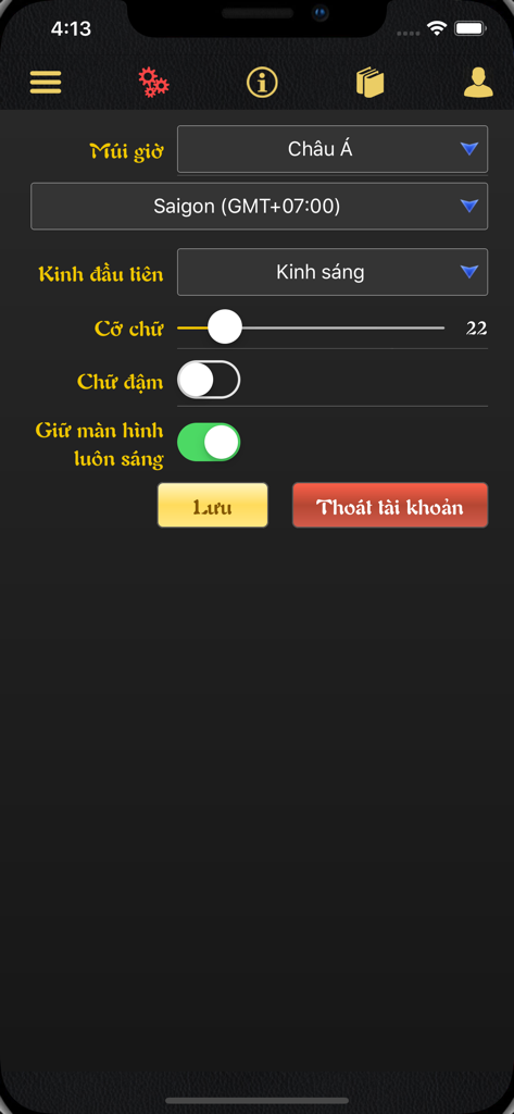Settings menu of the KTCGKPV app showing customization options for time zone font size and text weight in Vietnamese