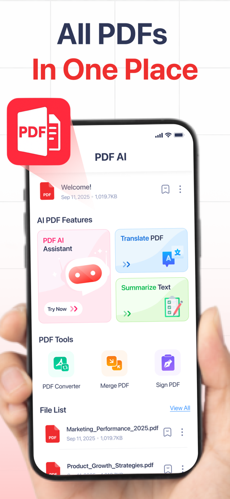 PDF AIアプリのインターフェースを表示するスマートフォン。PDFの要約、翻訳、変換ツールが示されています。