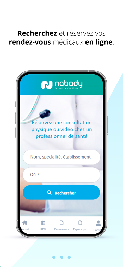Nabady - Nabady app screen showing the search interface for booking physical or video medical consultations with healthcare professionals.