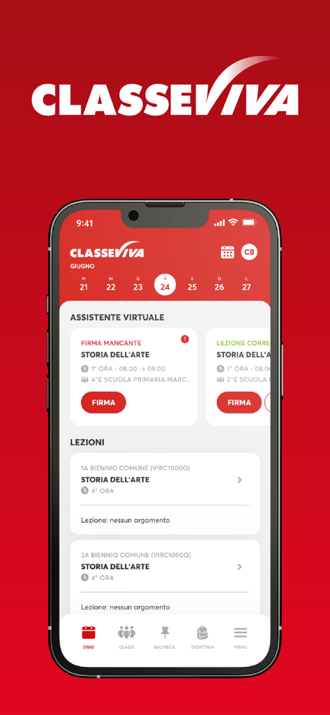 ClasseViva Docenti - Captura de pantalla de la aplicación ClasseViva Docenti mostrando el panel del profesor con horarios de lecciones y alertas.