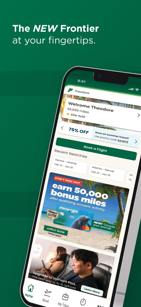 Schermata iniziale dell'app Frontier Airlines con prenotazione voli e premi fedeltà