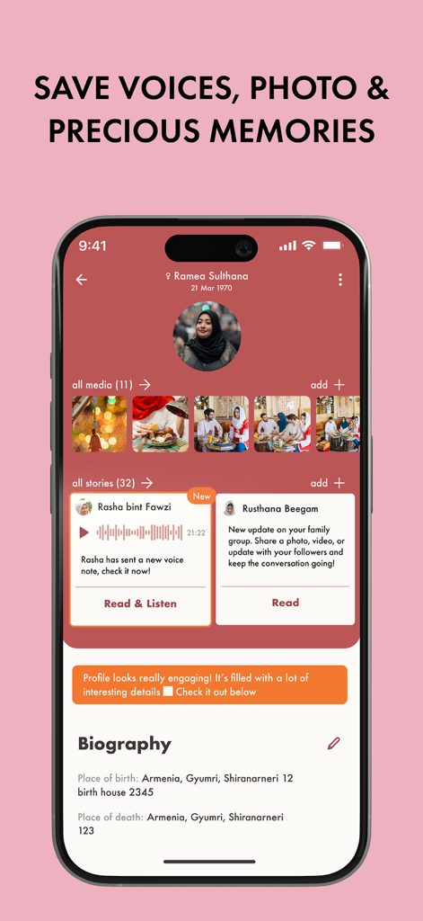 Family tree app screen showing an ancestor profile with photos and voice recordings for legacy preservation