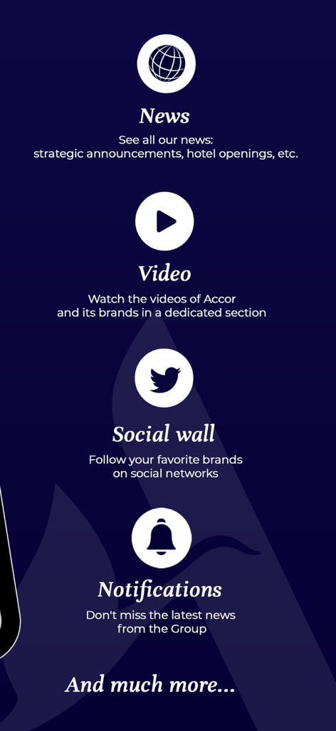 AccorLive - An overview of AccorLive app features including News, Video content, Social wall, and real-time Notifications.