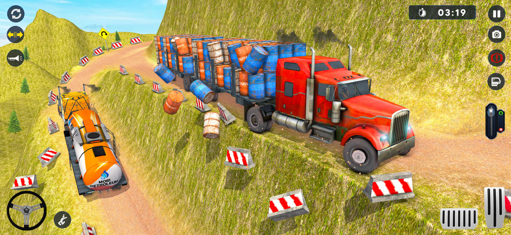 Offroad Cargo Truck Challenge - Red semi-truck hauling barrels on a steep mountain trail in a cargo driving simulator game.