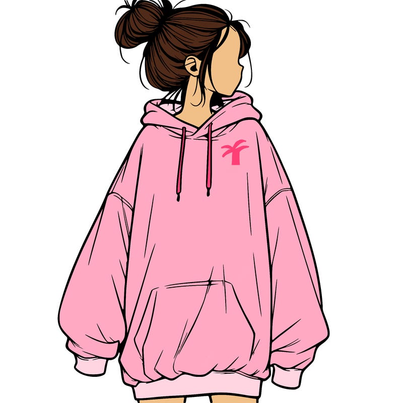 realistic girl with a oversized sweatshirt on and a bun