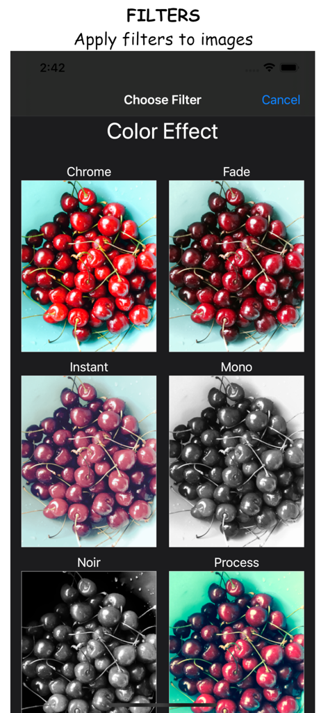 MixArt Photo Editor - MixArt app screen showing various color filter effects like Chrome and Mono applied to a photo of cherries