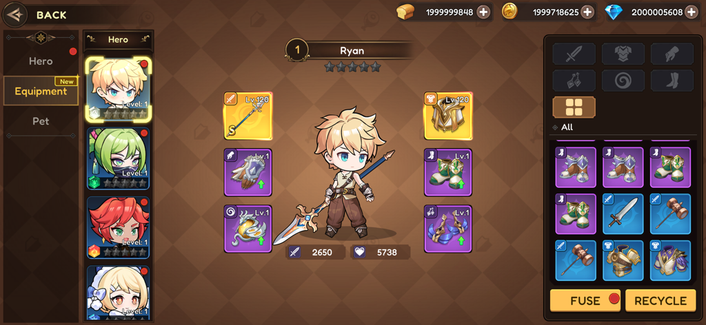 Hero Blitz: RPG Roguelike War - Chibi anime character Ryan equipped with a spear and armor in the Hero Blitz equipment menu