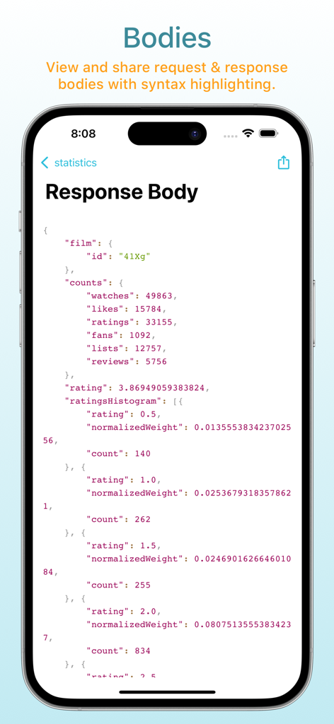 Charles Proxy - Charles Proxy for iOS displaying a JSON response body with syntax highlighting
