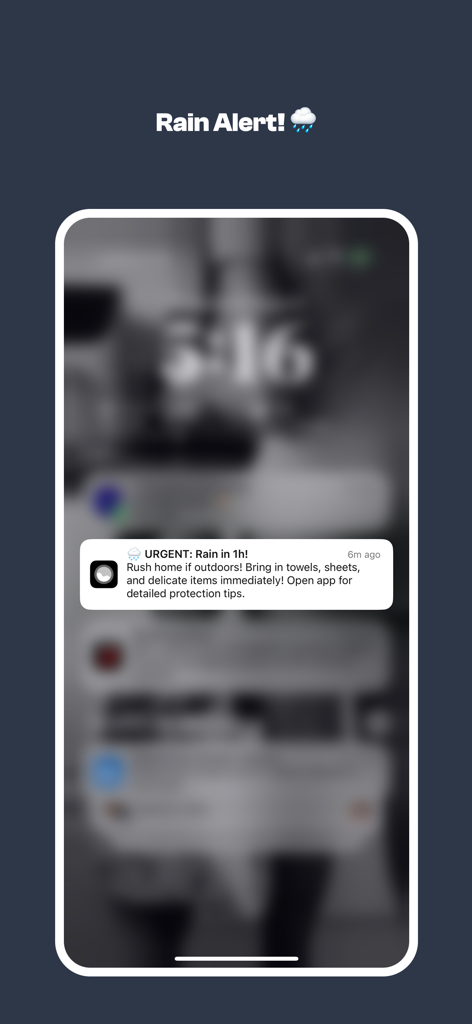Washcast - iPhone lock screen showing an urgent rain alert from the Washcast app for laundry protection.