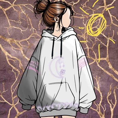 realistic girl with a oversized sweatshirt on and a bun