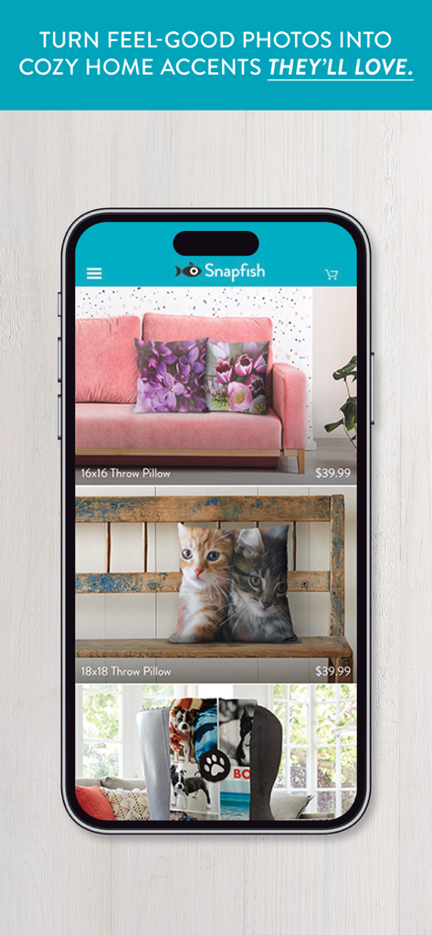 Snapfish app interface showing custom throw pillows and blankets with personalized photos