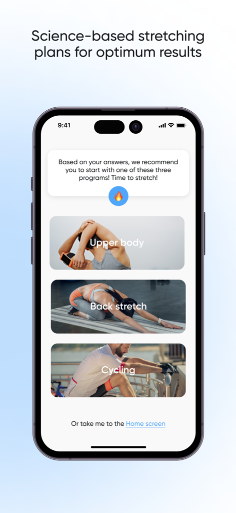 Stretch Zone and Flexibility - A mobile app screen displaying personalized stretching recommendations for upper body, back, and cycling activities.