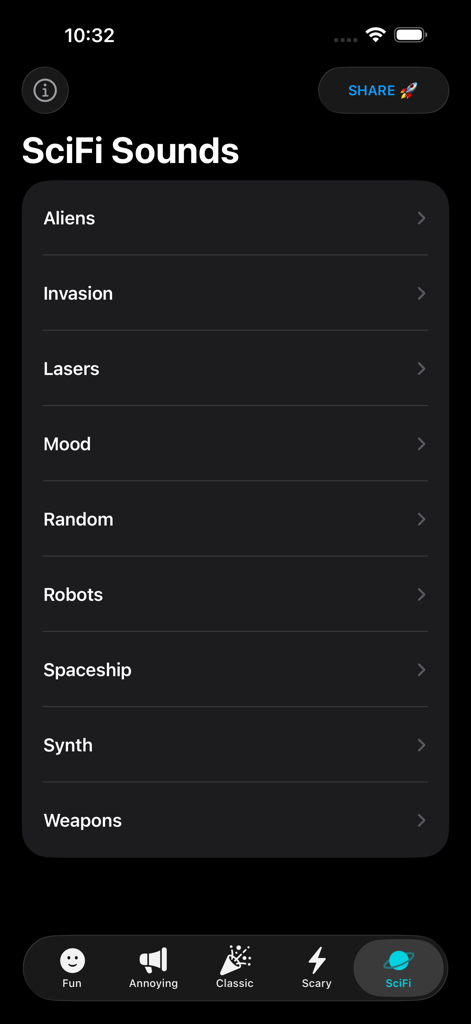 Sound Effects Boards Pro - Sci-Fi sounds category menu in Sound Effects Boards Pro app