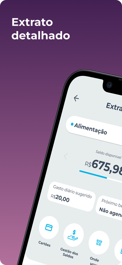 Pantalla de extracto detallado que muestra el saldo de la asignación de alimentos en la aplicación Caixa Refeição e Alimentação.
