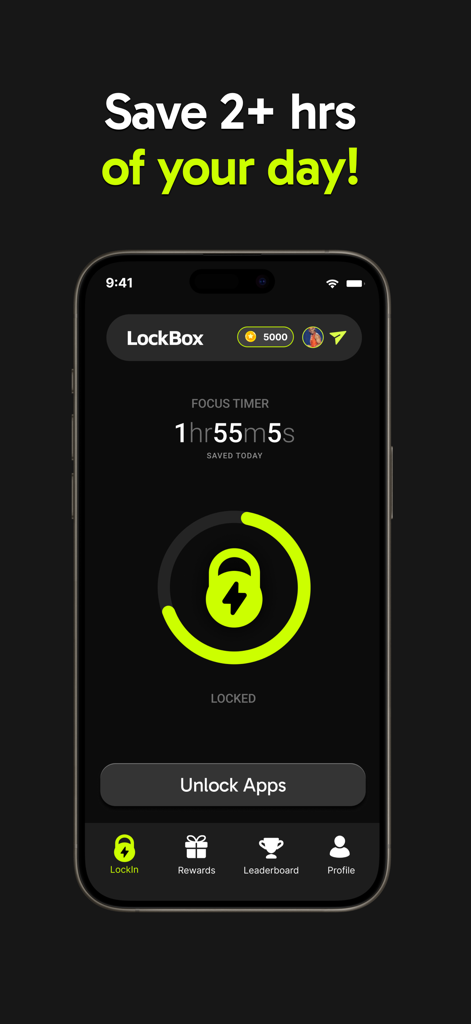 LockBox- Screentime Tool - Interface do aplicativo LockBox mostrando um timer de foco e um status de bloqueio para economizar tempo e bloquear distrações