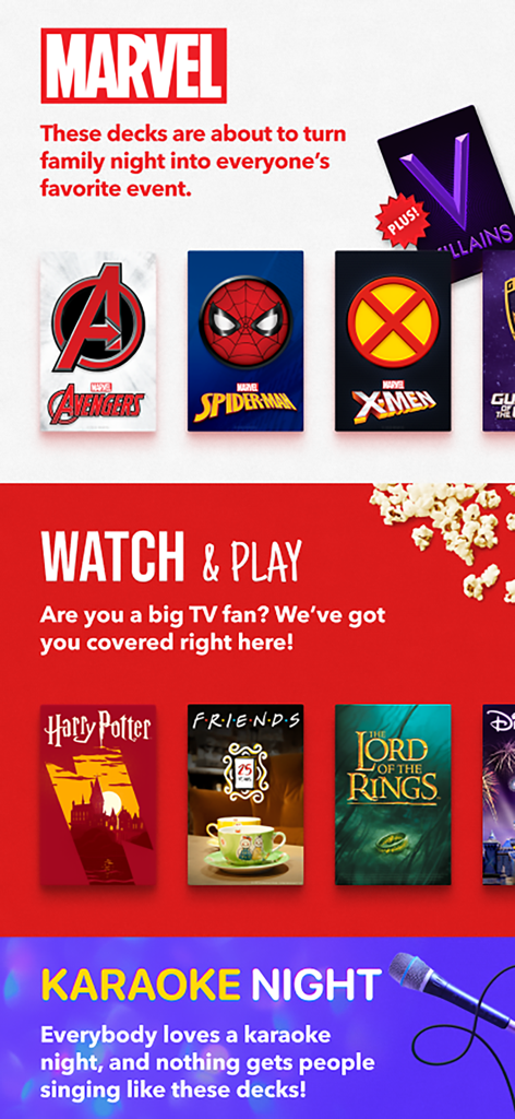 Bildschirm der Heads Up App, der thematische Decks wie Marvel, Harry Potter, Friends und Karaoke zeigt.