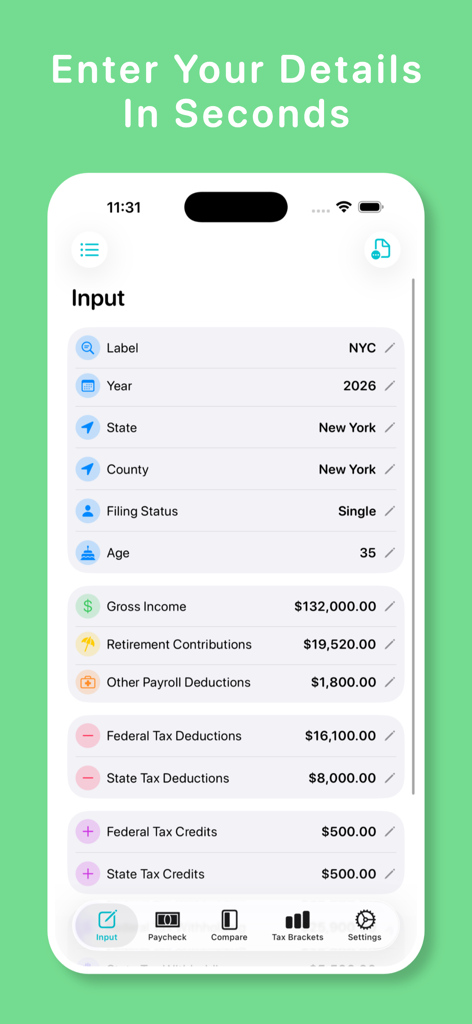 My Paycheck Calculator - Input screen for entering income and tax details in My Paycheck Calculator app