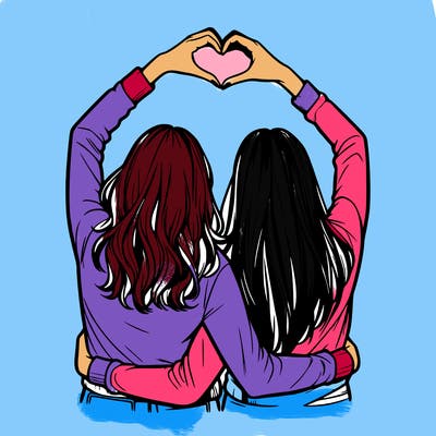 two friends with their backs turned and their hands in a heart realistic