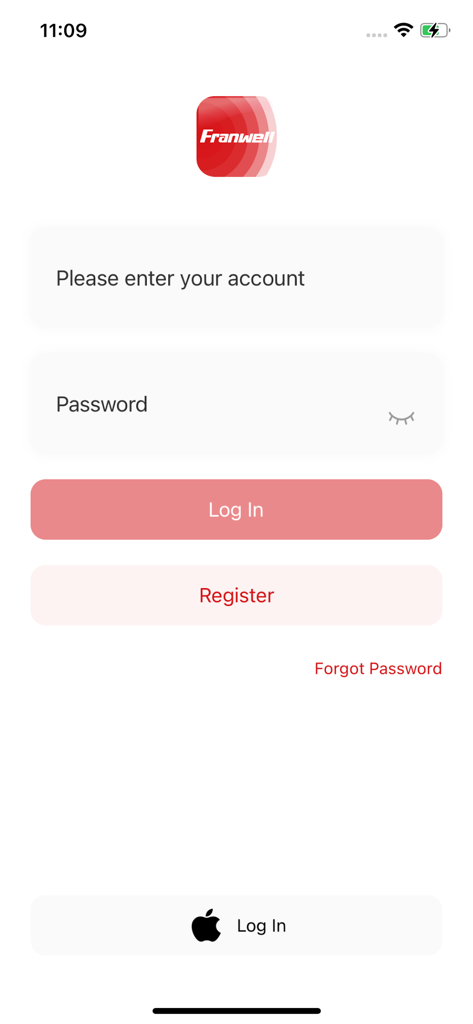 Página de inicio de sesión y registro de la aplicación de seguridad inteligente para el hogar Franwell