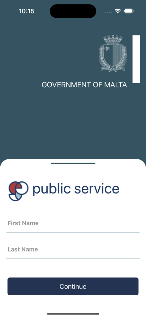 Join the Public Service - Registration screen of the Join the Public Service app for the Government of Malta showing name input fields and a continue button