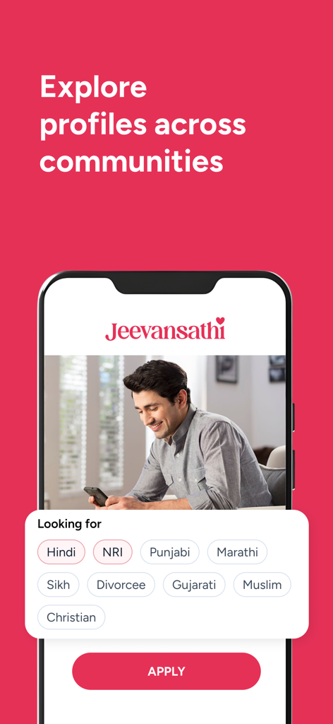 Jeevansathi app interface showing matrimonial search filters for various Indian communities and NRI profiles