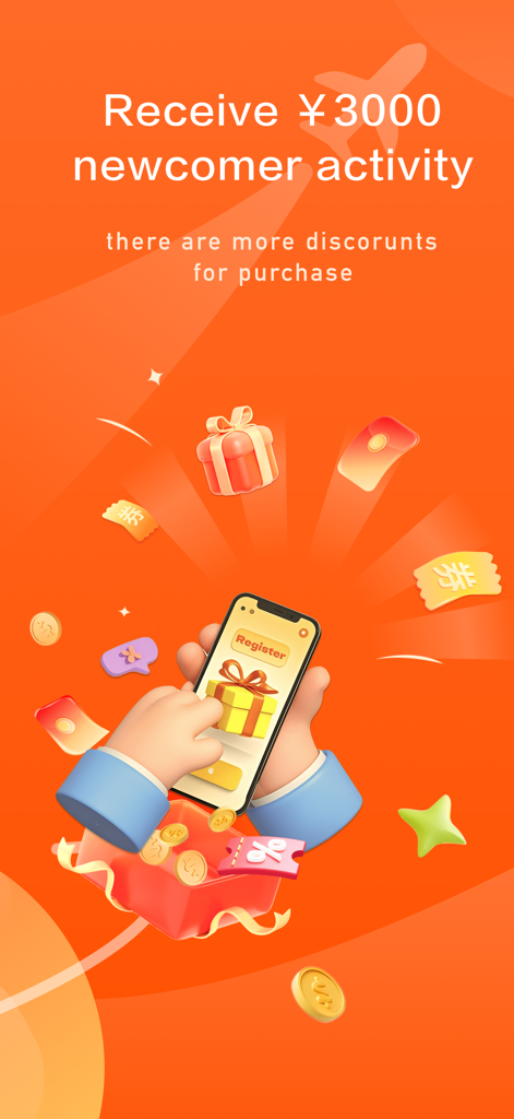 KakoBuy app promotional screen showing a 3000 Yuan newcomer bonus with 3D illustrations of gifts and coins