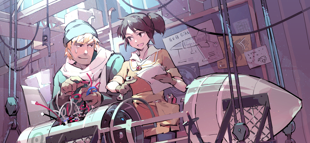 Two survivors working together to build a rocket in a workshop from the game OPUS Rocket of Whispers