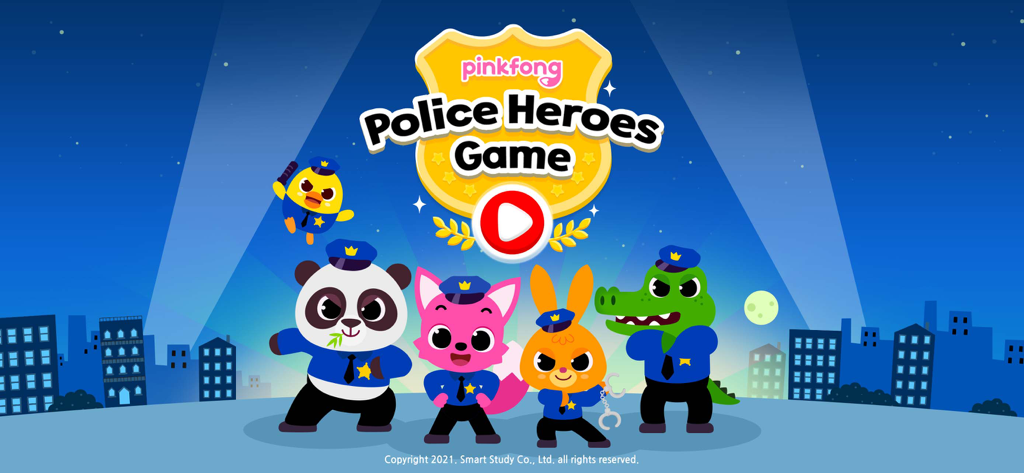 Pinkfong Police Heroes Game - Pinkfong y personajes animales con uniformes de policía en la pantalla de inicio del Juego de Héroes de Policía