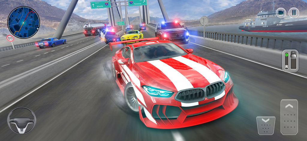 Crazy Driving - Street Race - A red and white sports car drifting on a bridge while being pursued by police cars
