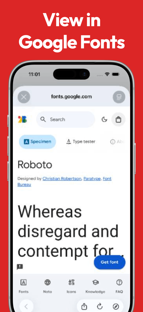 Fontastic - Install Fonts - Smartphone screen showing Google Fonts integration within the Fontastic app