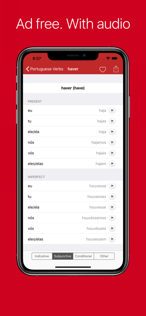 Portuguese Verb Conjugator Pro - Pantalla de conjugación de verbos portugueses para 'haver' en modo subjuntivo con botones de reproducción de audio
