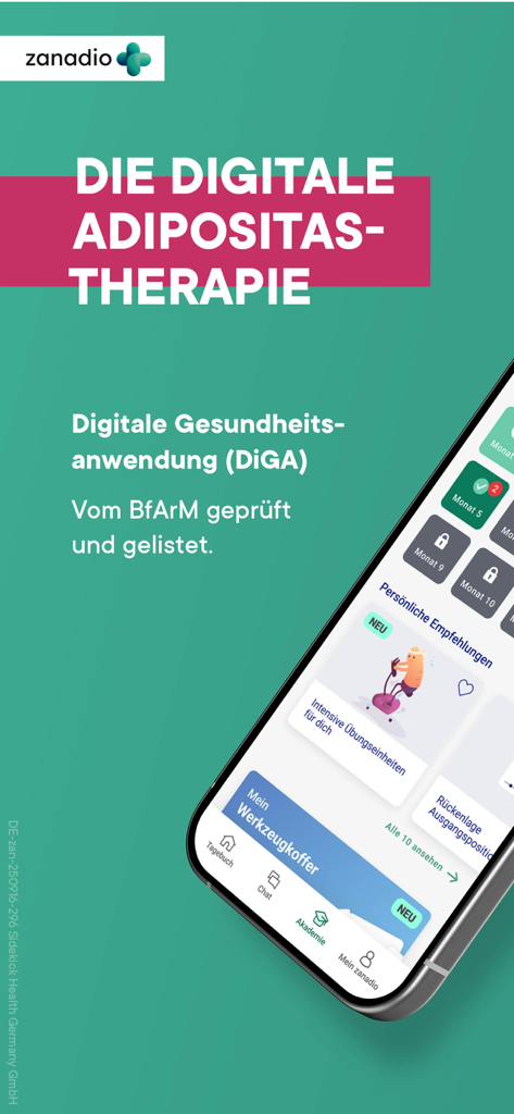 Zanadio mobile App-Oberfläche, die digitale Adipositas-Therapie-Empfehlungen und Gesundheitsverfolgungsfunktionen auf einem Smartphone-Bildschirm anzeigt.