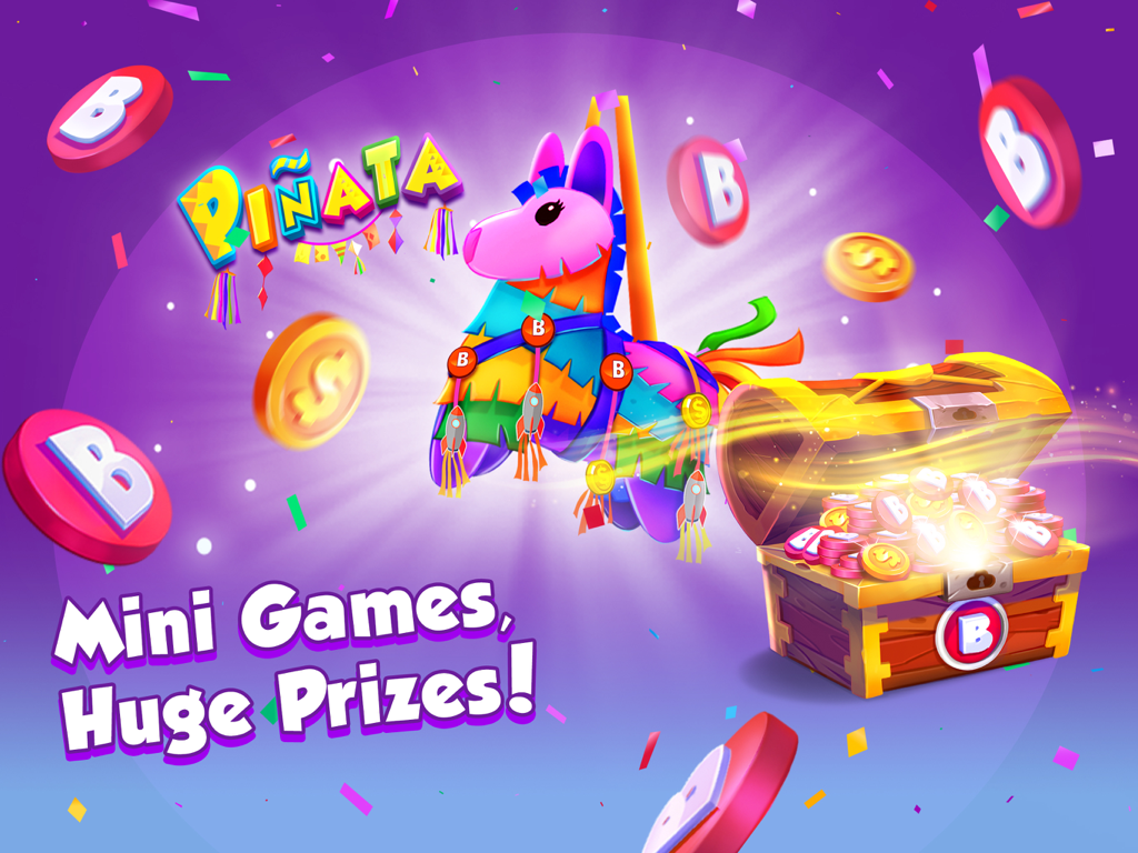 Bingo Bash HD Live Bingo Games - A colorful pinata and an overflowing treasure chest on a vibrant background with the text Mini Games Huge Prizes