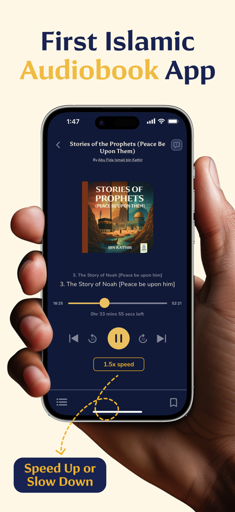 True Ilm: Audiobooks & eBooks - Smartphone displaying the True Ilm app showing an Islamic audiobook player interface with playback and speed controls