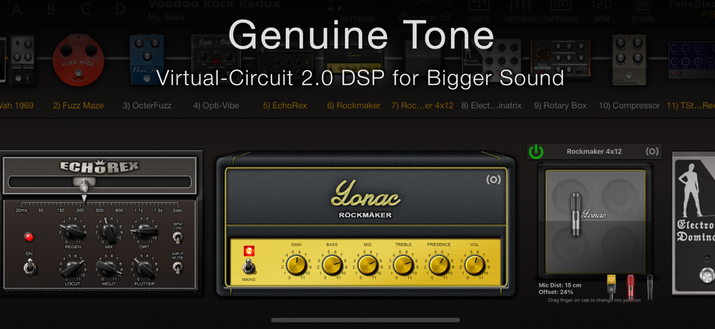 ToneStack PROモバイルインターフェイス。DSPテクノロジー搭載のバーチャルギターアンプとエフェクトペダルを表示。