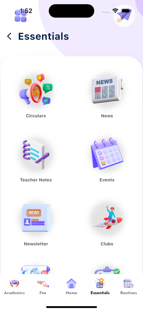 Essentials screen of the MES School Qatar app with icons for circulars news and events