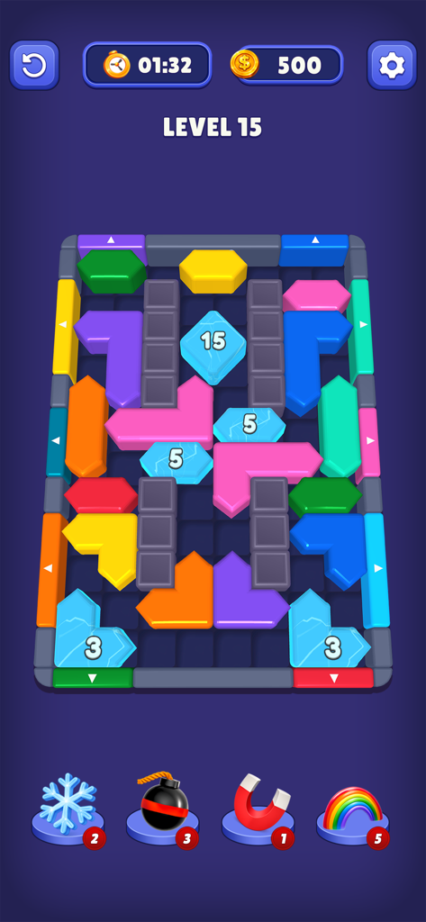 Arrow Color 3D Block Puzzle - A colorful 3D block puzzle game interface with directional arrow blocks and powerup icons at the bottom