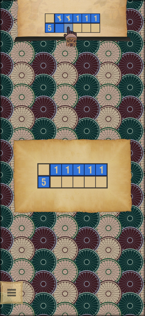 Schermata di gioco di Nonograms CrossMe che presenta un puzzle con griglia logica con un cursore a dito su uno sfondo a motivi.