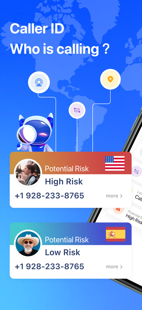 Caller ID:Reverse Phone Lookup - Caller ID app interface displaying high and low risk alerts for unknown incoming calls