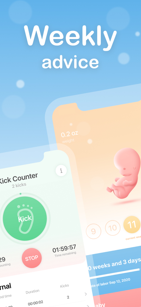 Capturas de pantalla de la aplicación Mi Embarazo que muestran un contador de patadas de bebé y detalles del crecimiento fetal semanal