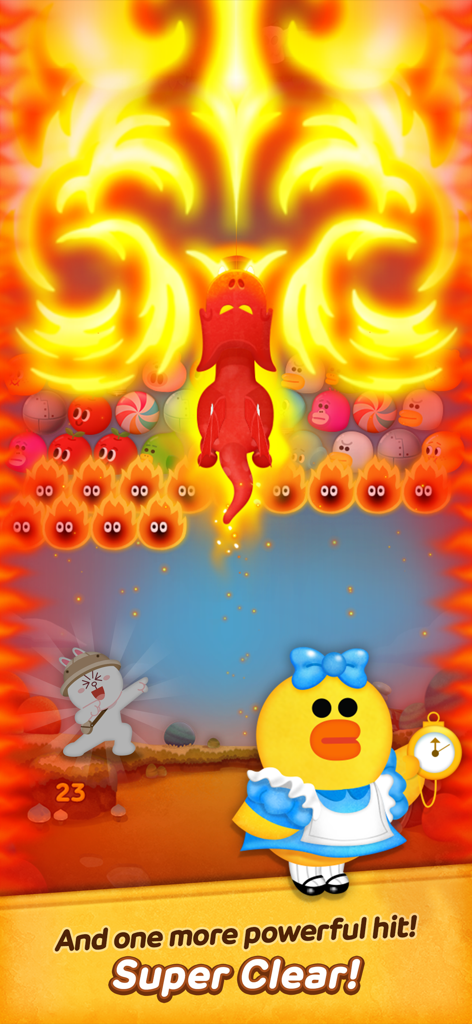 LINE Bubble 2 - Sally et Cony célèbrent une victoire Super Clear contre un dragon rouge dans LINE Bubble 2.