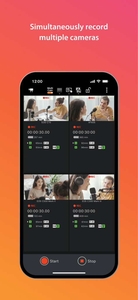 Canon Multi-Camera Control - Smartphone screen showing the Canon Multi-Camera Control app interface with four live video feeds from professional cameras recording an interview.
