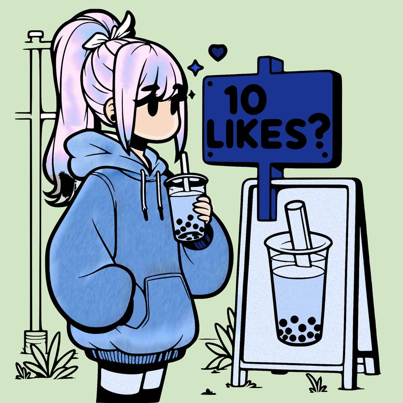 girl with oversized hoodie drinking boba and she has a high ponytail with a sign that says 10likes?