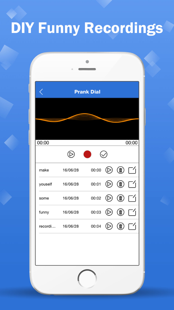 Prank Call App - Spoof Dial - Interface of the Prank Call App showing the DIY funny recordings screen with a list of custom audio clips