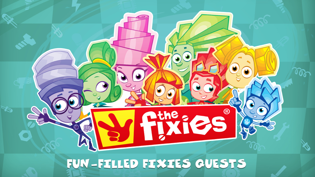 Fixies The Masters: repair home appliances, watch educational videos featuring your favorite heroes (Full) - A group of colorful Fixies characters gathered for educational repair quests in the Fixies The Masters app