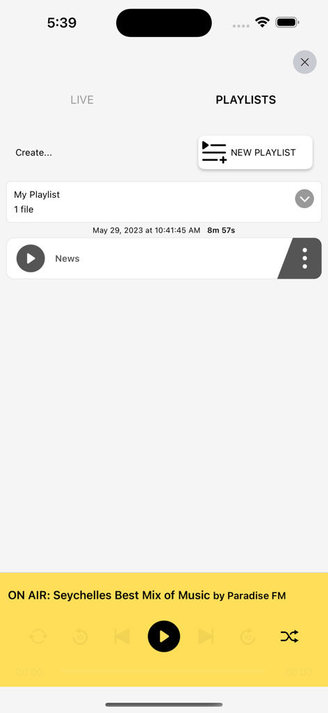 SBC Radio - SBC Radio app showing the playlists screen with a news track and the Paradise FM audio player