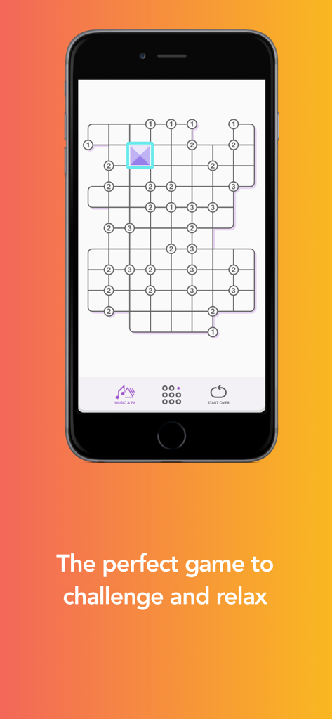 Radiant Grid - Um smartphone mostrando um quebra-cabeça de lógica minimalista do aplicativo Radiant Grid com uma legenda descrevendo-o como um jogo para desafiar e relaxar.