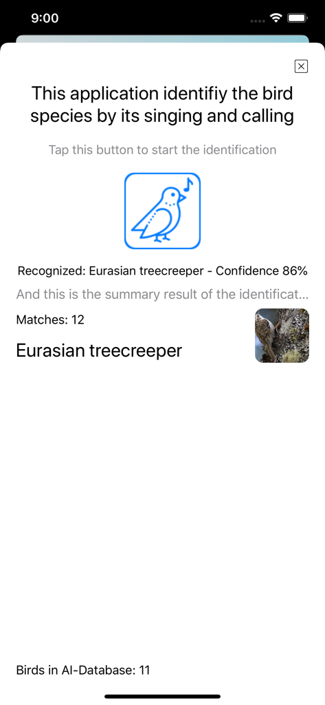 Bird Song/Photo Identification - Interface do aplicativo de identificação de canto de pássaros mostrando um Trepa-folhas-euroasiático reconhecido com oitenta e seis por cento de confiança.
