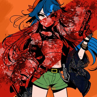 bad girl wearing crop top holding a gun long hair anime